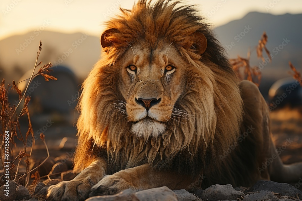 Vertical of a magnificent lion, generative IA Vertical of a magnificent lion, generative IA