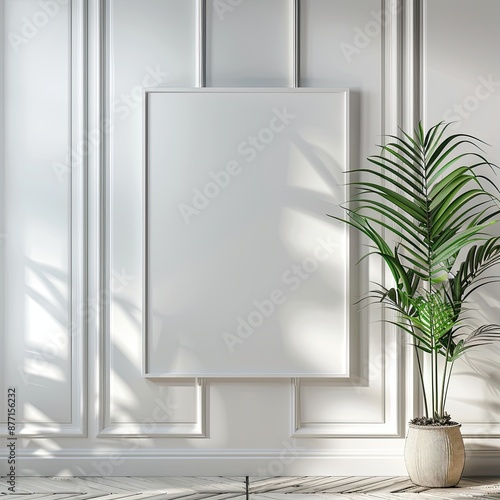 Wallpaper Mural empty frame in room, white frame and plant on wall, light gray and gray style, anti-clutter, minimalist design Torontodigital.ca