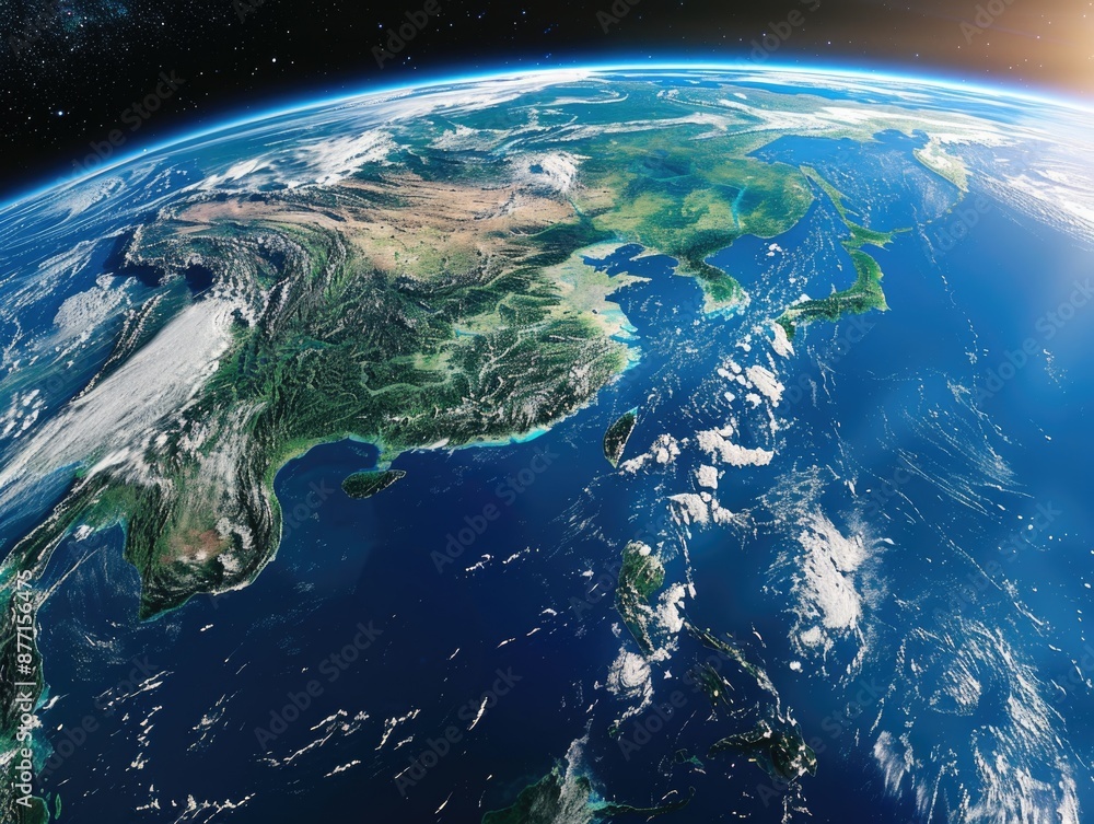 Image of Asia viewed from space, showcasing the continent's geography and landmasses Image of Asia viewed from space, showcasing the continent's geography and landmasses