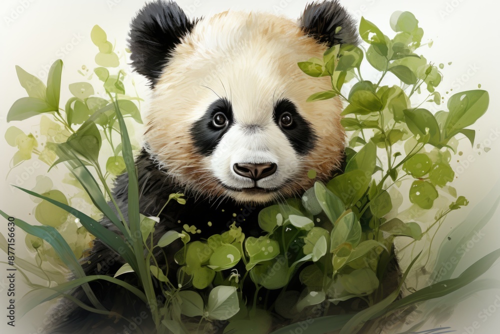 Baby cute panda coma Bamboo, watercolor painting, white background ...
