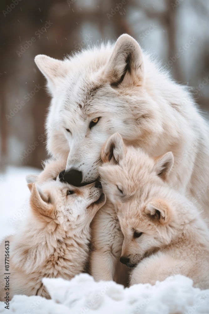 Obraz premium A trio of white wolves huddles closely in the snow, nestled before a wooded region blanketed with snow