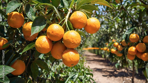 Vibrant oranges hanging from trees in a sunlit garden, showcasing fresh produce ready for harvest.