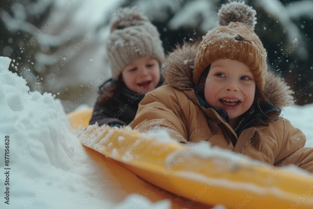 Two kids enjoying winter fun on a snow-covered slope, perfect for cold weather or holiday themes Two kids enjoying winter fun on a snow-covered slope, perfect for cold weather or holiday themes