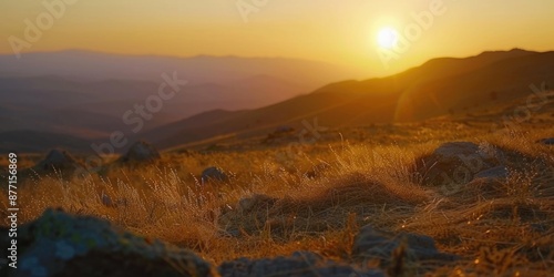 Mountain landscape with sunset in the background, suitable for travel or nature scenes