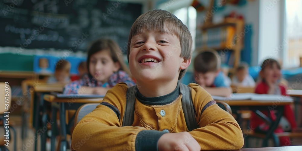 A young student sitting at a table in a traditional classroom setting, ready to learn A young student sitting at a table in a traditional classroom setting, ready to learn