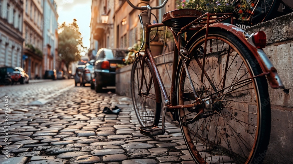 Rusty Bicycle Parked on Cobblestone Street Rusty Bicycle Parked on Cobblestone Street