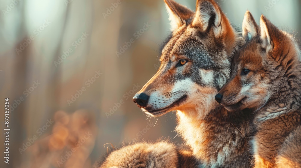 A couple of wolves stand side by side atop a verdant forest, teeming with numerous trees A couple of wolves stand side by side atop a verdant forest, teeming with numerous trees