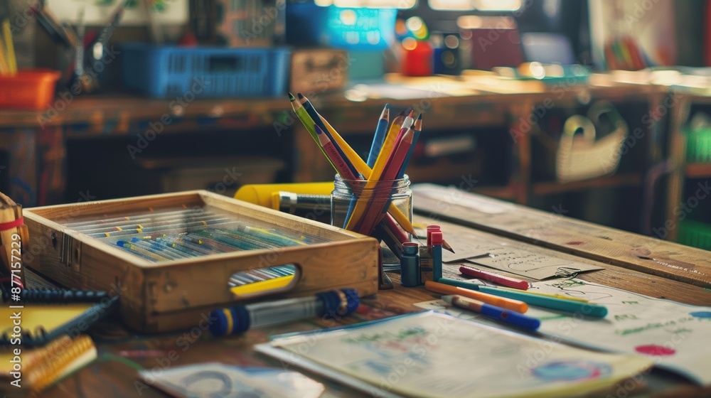Educational Tools and Materials Close-up on Classroom Desk Educational Tools and Materials Close-up on Classroom Desk