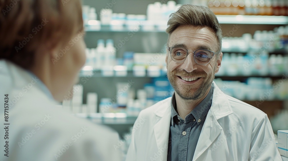 A scientist in a white lab coat conversing with a woman, possibly discussing medical test results or treatment options A scientist in a white lab coat conversing with a woman, possibly discussing medical test results or treatment options