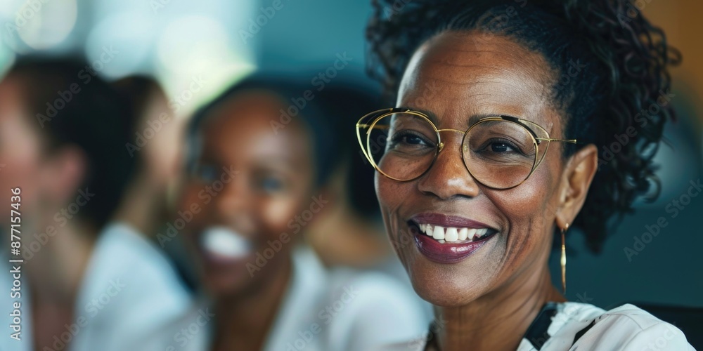 Obraz premium A happy woman wearing glasses smiles directly at the camera