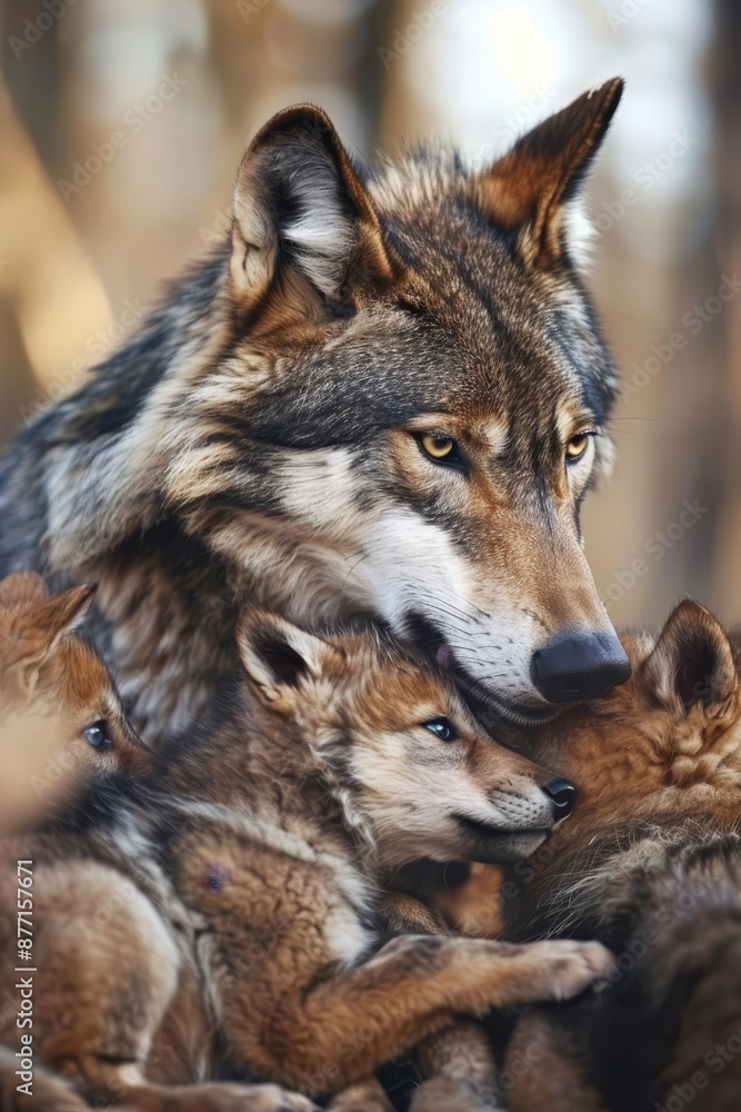 A group of wolves interacting in a woodland setting with trees in the backdrop and a vague wolf figure in the foreground A group of wolves interacting in a woodland setting with trees in the backdrop and a vague wolf figure in the foreground