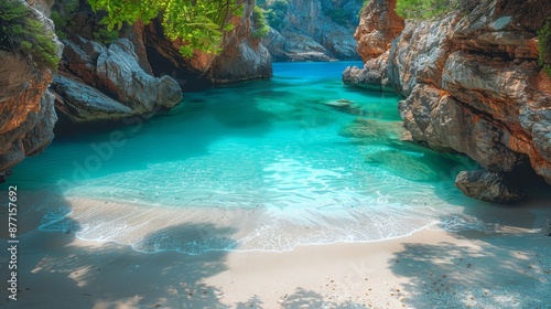 Secluded cove with a small sandy beach