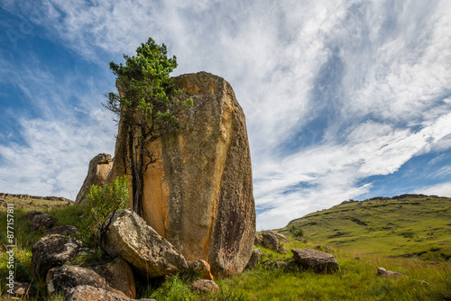 Boulder in the foothills of the , highmoor Nature Reserve, Southern Drakensburg, South Africa photo