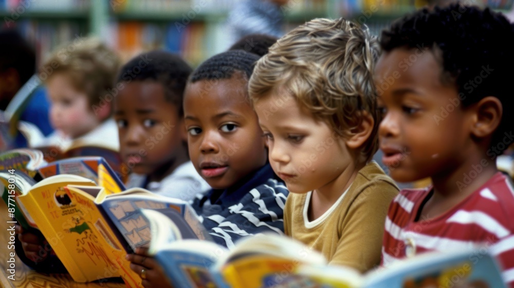 Diverse Group of Children Engrossed in Reading Educational Books in a Vibrant Classroom Setting Diverse Group of Children Engrossed in Reading Educational Books in a Vibrant Classroom Setting