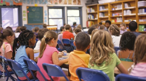 Dynamic Classroom Scene: Students actively engaged in interactive learning activities
