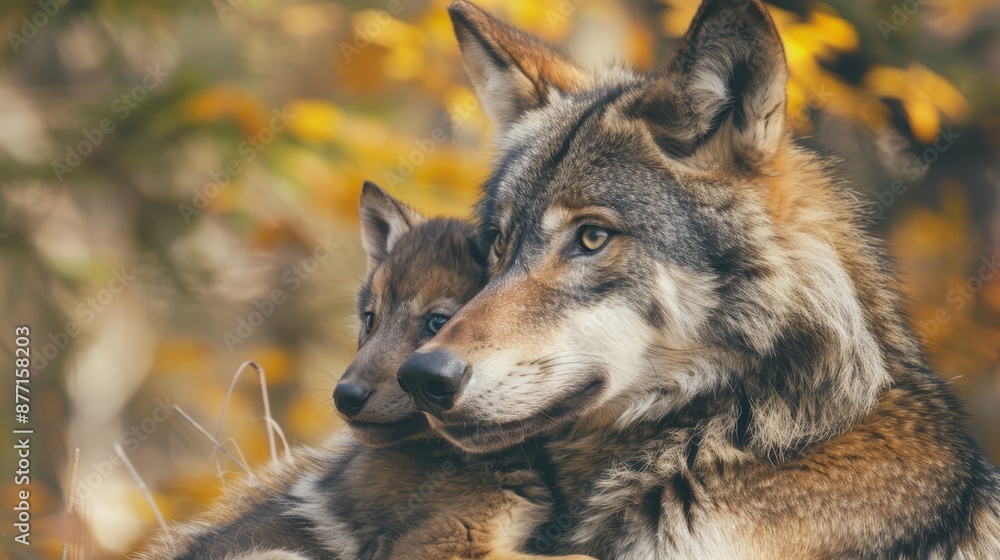 A tight shot of two wolves against a backdrop of trees and bushy foliage, displaying yellow autumn leaves in the foreground A tight shot of two wolves against a backdrop of trees and bushy foliage, displaying yellow autumn leaves in the foreground