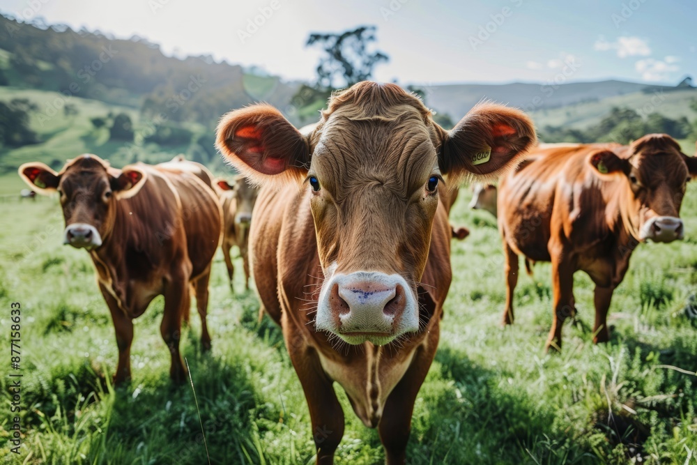 Group of beautiful organic brown cows grazing in a field Group of beautiful organic brown cows grazing in a field