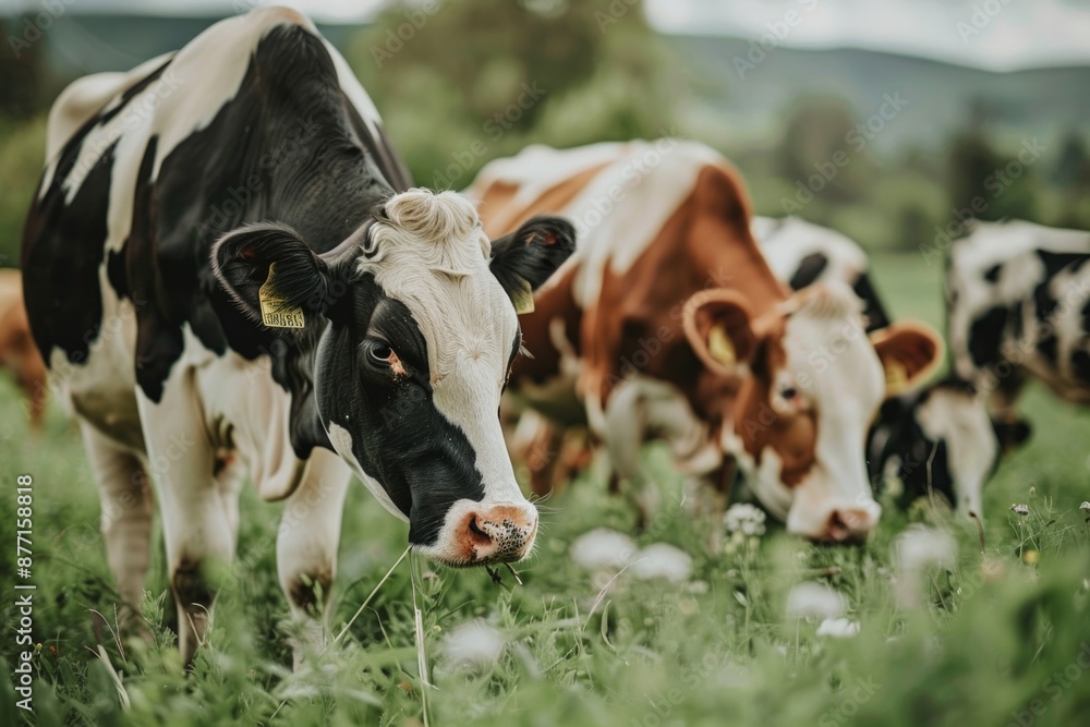 Group of beautiful organic cows grazing in a field Group of beautiful organic cows grazing in a field