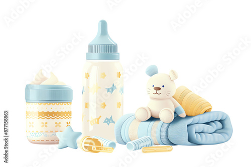 Set of baby essentials including a bottle, diaper, plush toy, and blanket in pastel colors, ideal for a nursery or baby shower.