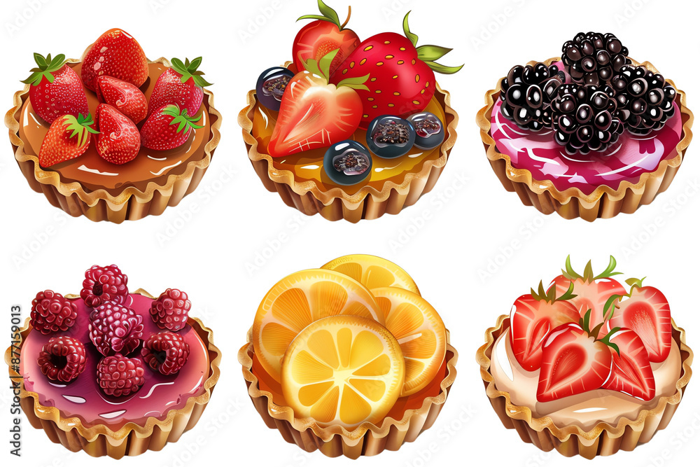 A collection of delicious, colorful fruit tarts topped with strawberries, blackberries, raspberries, blueberries, and orange slices. A collection of delicious, colorful fruit tarts topped with strawberries, blackberries, raspberries, blueberries, and orange slices.
