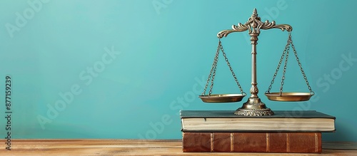 Ornate brass scales of justice resting on a stack of old law books against a blue background photo