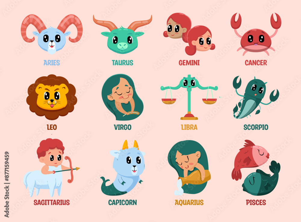 Fototapeta premium Vector Illustration of Zodiac Signs. Flat vector Cartoon Style of Zodiac