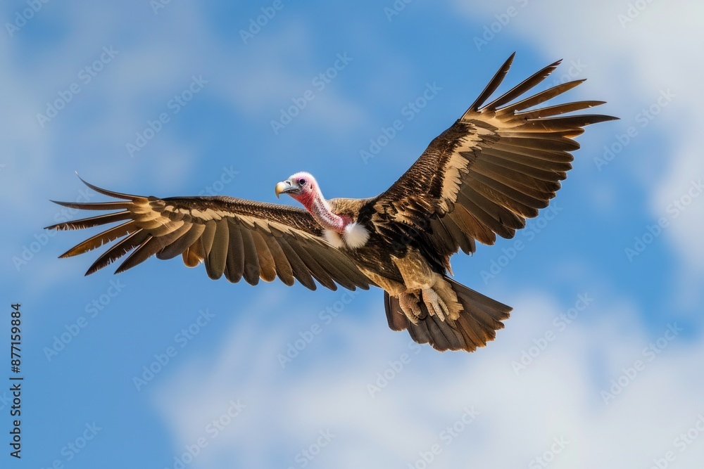 Obraz premium Lappet-faced vulture flying against a blue sky