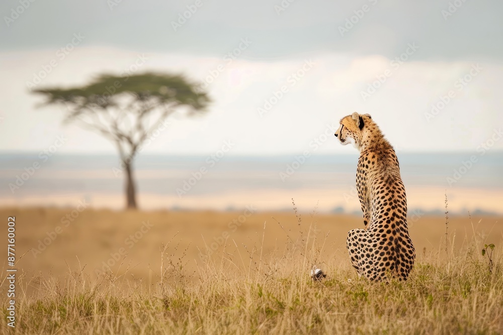 Lone Cheetah sitting alert and looking into the wilderness Lone Cheetah sitting alert and looking into the wilderness