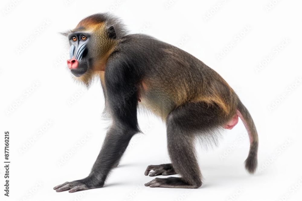 Fototapeta premium Mandrill Standing on all fours on a white bkg