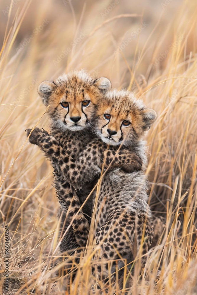 Two cheetah cubs engage in play within a towering sea of golden dry grass Background softly blurred Two cheetah cubs engage in play within a towering sea of golden dry grass Background softly blurred