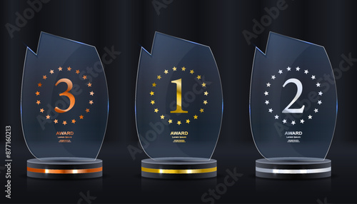Realistic award. Winning medal. Glass 3D mockup. Acrylic design of first place prize. Silver or golden certificate. Competition trophy. Victory nominations. Vector exact elements set