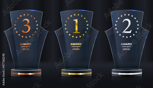 Realistic award. Winning medal. Glass 3D mockup. Acrylic design of first place prize. Silver or golden certificate. Competition trophy. Victory nominations. Vector exact elements set