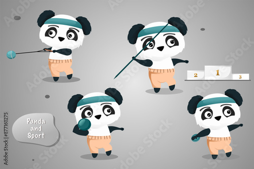 Set of pandas do throwing sport