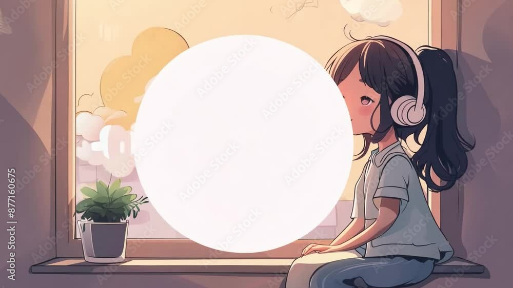 A girl sits by a window, wearing headphones and looking out at the sunset. A girl sits by a window, wearing headphones and looking out at the sunset.