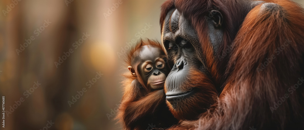 Fototapeta premium A tender moment between a mother orangutan and her baby, exemplifying the beauty of nature and family bonds in the wild jungle setting.