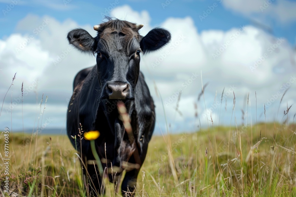 Portrait of cow standing on field against sky,Isle Of Skye,United Kingdom Portrait of cow standing on field against sky,Isle Of Skye,United Kingdom