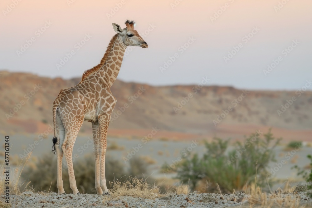 Fototapeta premium side view of a young desert giraffe calf at sunset in the Hoanib Valley, Namib Desert, Namibia