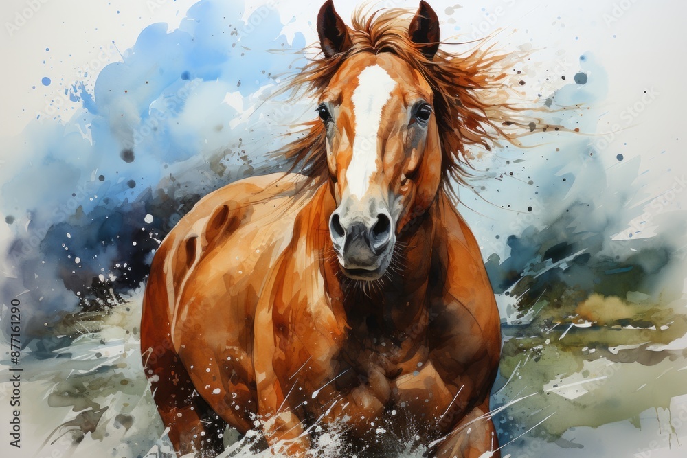 Obraz premium Illustration in the watercolor of a proud colorful horse picture ranch strong ar, generative IA