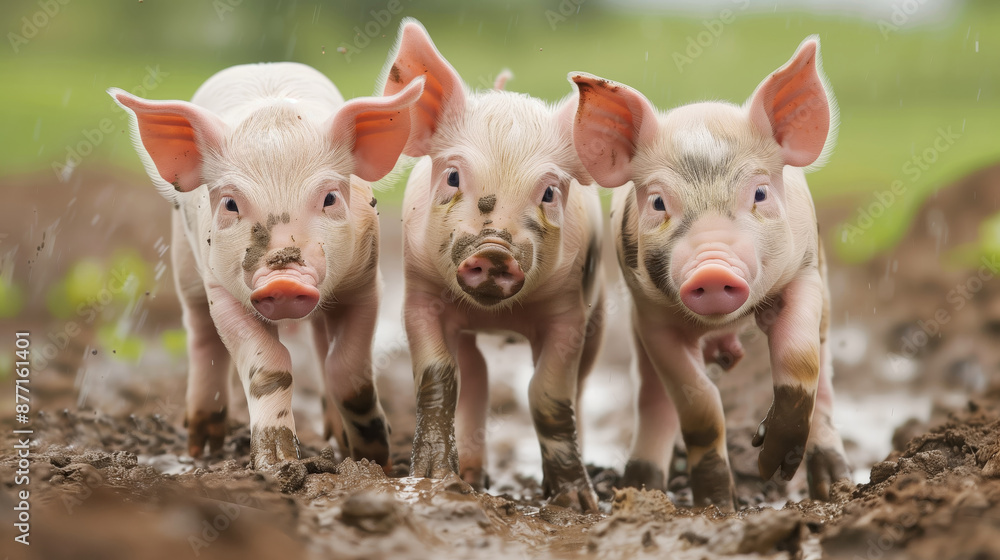 Three adorable piglets standing together on muddy ground, showcasing their curious and playful nature in a rural setting. Three adorable piglets standing together on muddy ground, showcasing their curious and playful nature in a rural setting.