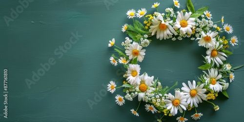 himsical Daisy and Buttercup Wreath on a green background  photo