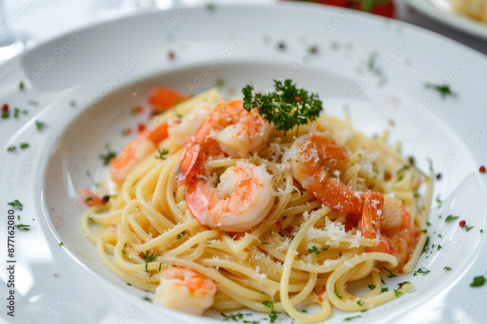A beautifully plated shrimp pasta garnished with fresh herbs and grated cheese. A beautifully plated shrimp pasta garnished with fresh herbs and grated cheese.