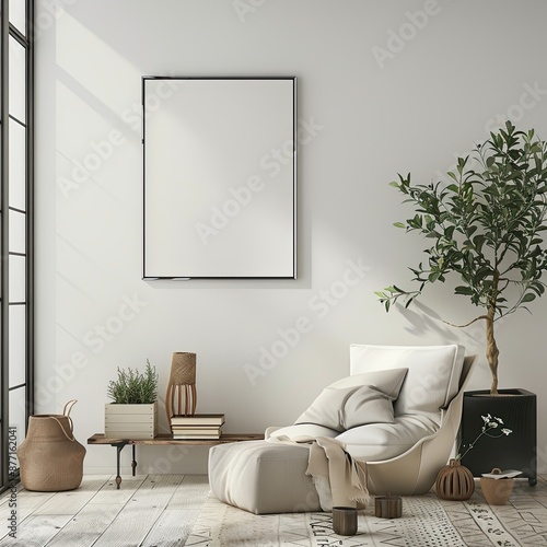 Photo of bright modern interior apartment with black frame a2 format wall mockup