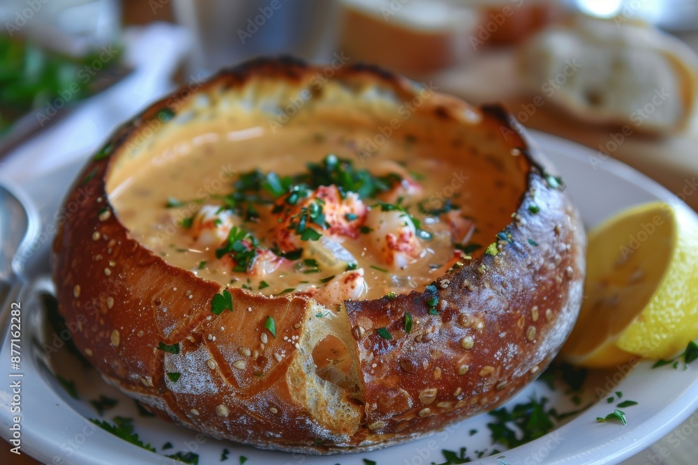 A tantalizing soup served in a hearty bread bowl, garnished with herbs. A tantalizing soup served in a hearty bread bowl, garnished with herbs.