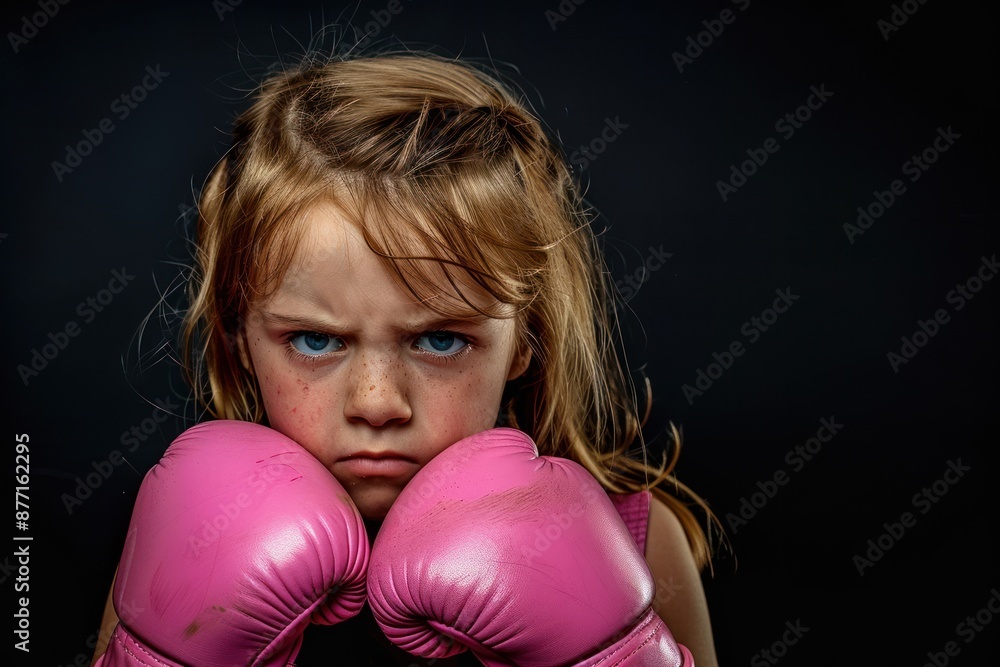 Small girl kid wearing pink boxing gloves, angry serious expression - she's ready to fight Isolated on black background