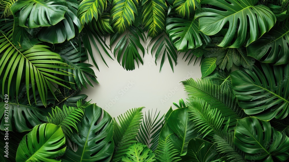 A lush assortment of tropical leaves in various shades of green creates a dense and vibrant backdrop. A lush assortment of tropical leaves in various shades of green creates a dense and vibrant backdrop.