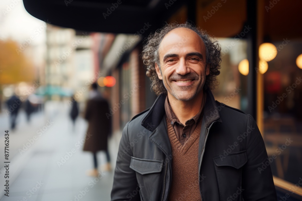Handsome middle-aged man in a leather jacket on the street Handsome middle-aged man in a leather jacket on the street
