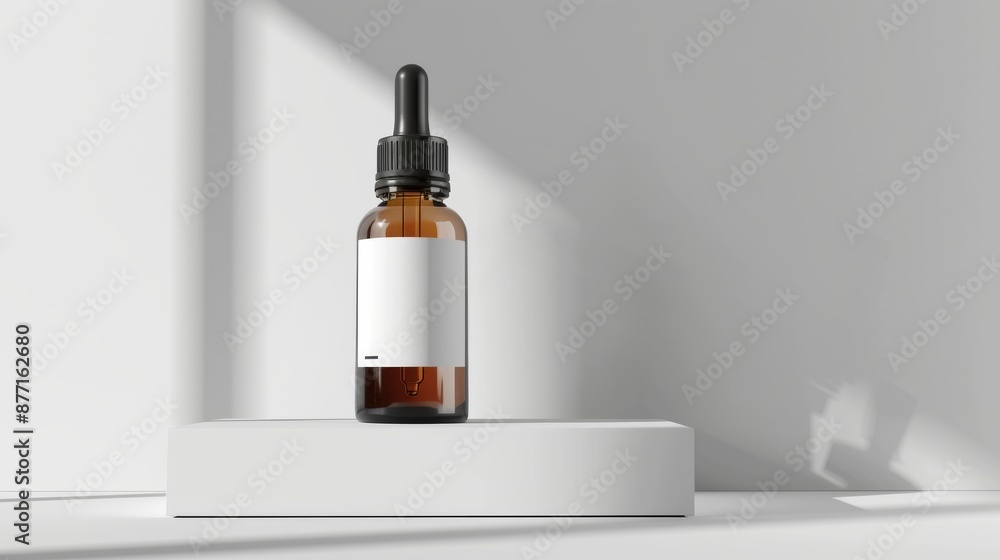 blank white label on amber glass dropper bottle, clean modern background of light grey walls, soft shadows, minimalist rectangular podium, sleek aesthetic blank white label on amber glass dropper bottle, clean modern background of light grey walls, soft shadows, minimalist rectangular podium, sleek aesthetic