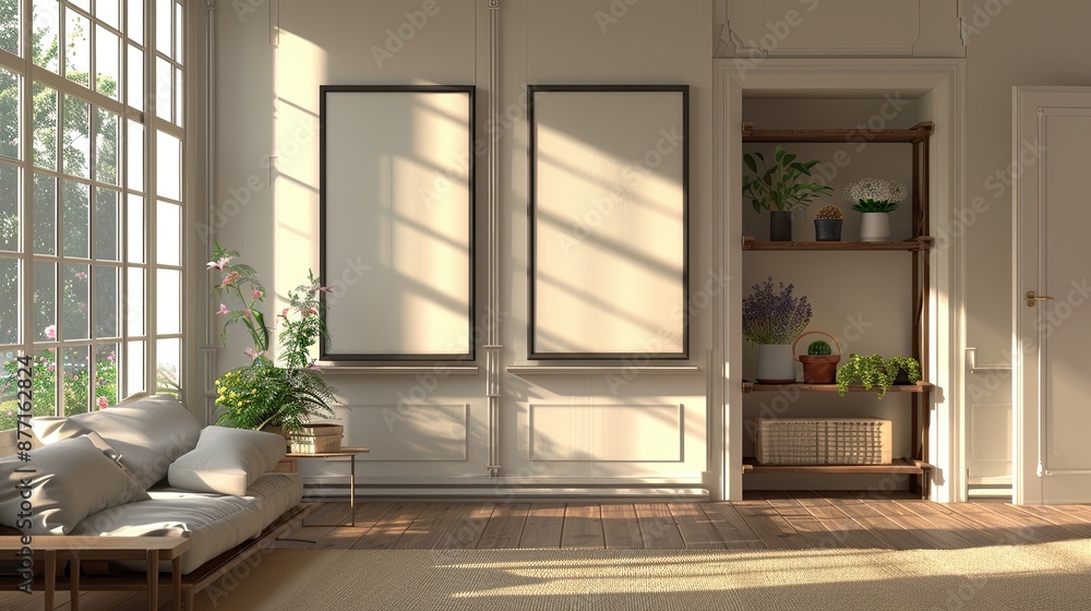 simple photography with banner material, living room concept of two large, standing rectangular photo frames, underneath there is a small shelf containing pots and flowers simple photography with banner material, living room concept of two large, standing rectangular photo frames, underneath there is a small shelf containing pots and flowers