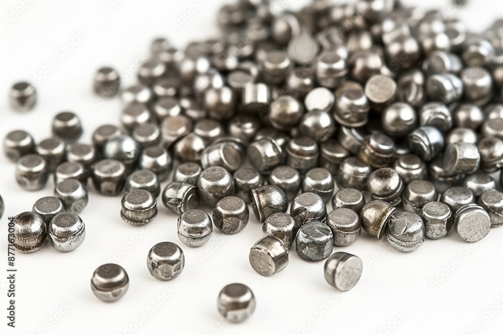 Close-up shot of metal rivets arranged in a pile on a clean, white surface Close-up shot of metal rivets arranged in a pile on a clean, white surface