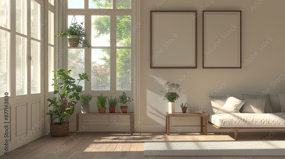 Fototapeta premium simple photography with banner material, living room concept of two large, standing rectangular photo frames, underneath there is a small shelf containing pots and flowers
